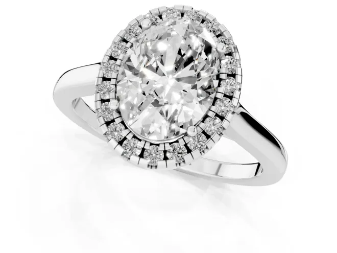 Oval Cut Halo Round Diamond Solitaire Ring Set in White gold with Pavé Band and Prong Setting – second view