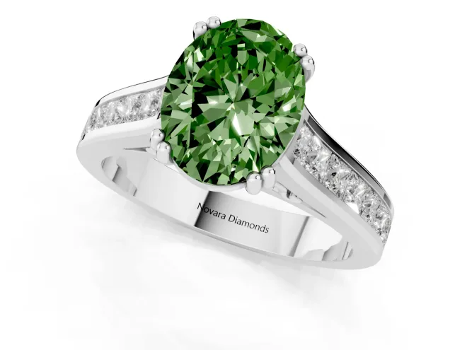 Fancy Green Oval Cut Diamond Channel Set Solitaire Engagement Ring Set in Silver with Prong Setting – second view