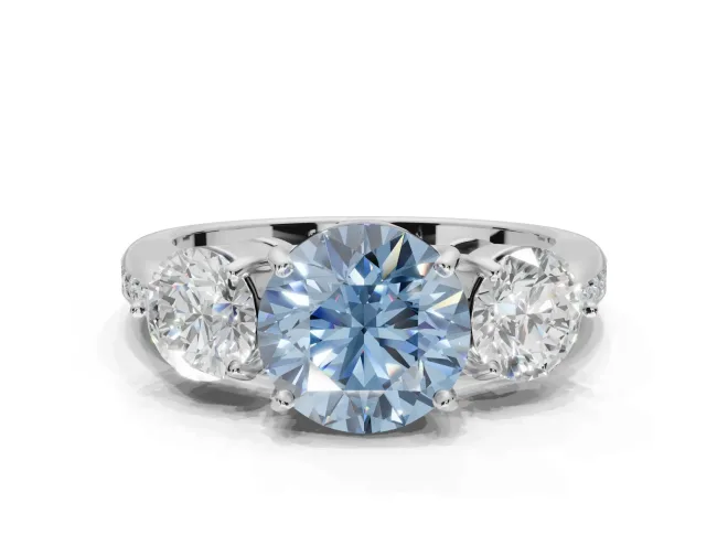 Round Three Stone Engagement Ring Setting for a Fancy Blue Lab-Grown Diamond | Tapered Pave Band | Sterling Silver