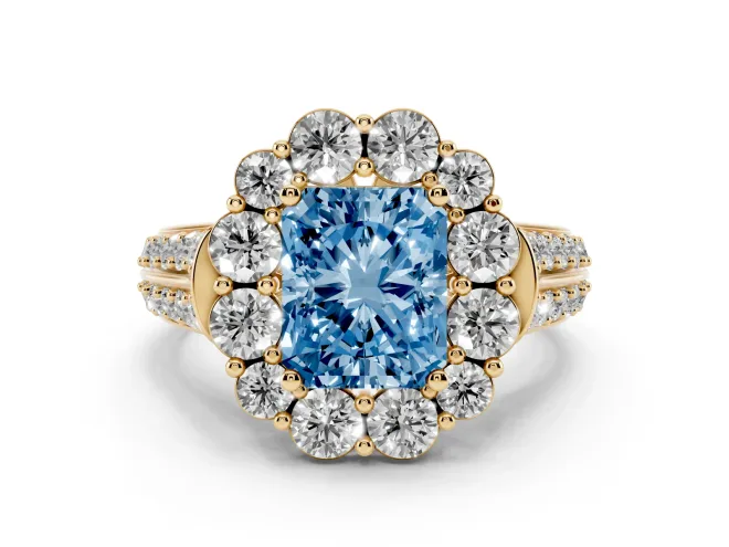 Radiant Cut Large Accent Halo Engagement Ring Setting for a Fancy Blue Lab-Grown Diamond | Graduated Pavé | Yellow Gold