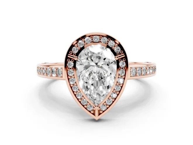Pear Cut Diamond Halo Pavé Split Shank Ring Set in Rose gold with Prong Setting