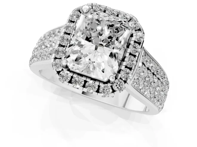 Radiant Cut Diamond Halo Ring Set in White gold with Pavé Band and Raised Center Setting – second view