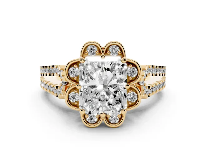 Radiant Cut Petal Frame Floral Halo Engagement Ring Setting | Pavé Split Shank | Yellow Gold