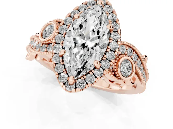 Marquise Vintage Milgrain Halo Engagement Ring Setting | Bezel Shoulder Accents | Rose Gold – second view