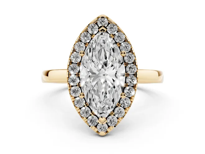 Marquise Cut Diamond Halo Solitaire Ring Set in Yellow gold with Pavé Band and Prong Setting