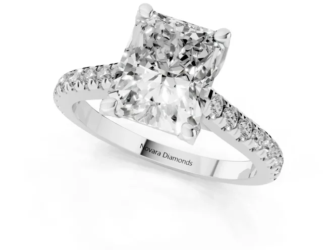 Radiant Cut Diamond Solitaire Ring Set in Silver with Brilliant Pavé Band and Prong Setting – second view
