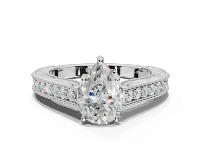 Pear-Shaped Vintage Engraved Pavé Engagement Ring Setting | Milgrain Edges | Sterling Silver