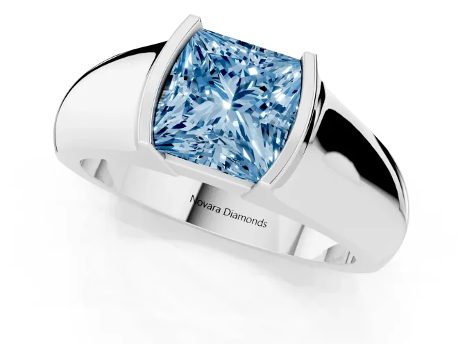 Fancy Blue Princess Cut Diamond Bezel Solitaire Ring Set in Platinum with Wide Band – second view