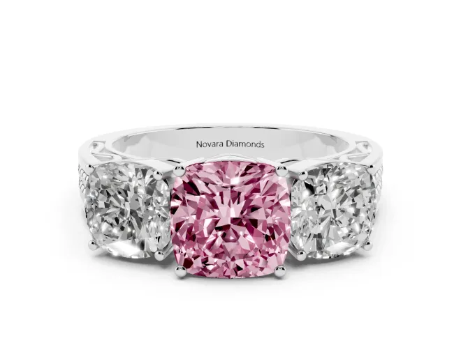 Fancy Pink Cushion Cut Diamond Three-Stone Ring Set in Silver with Textured Band
