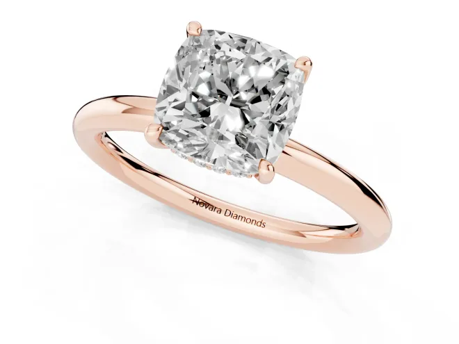 Cushion Cut Diamond Solitaire Ring Set in Rose gold with Thin Band and Prong Setting – second view