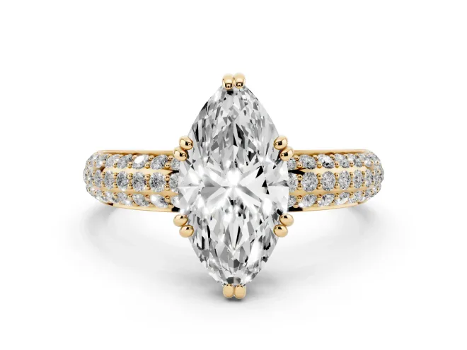 Marquise Three Row Pavé Solitaire Engagement Ring Setting | Double Claw Prongs | Yellow Gold