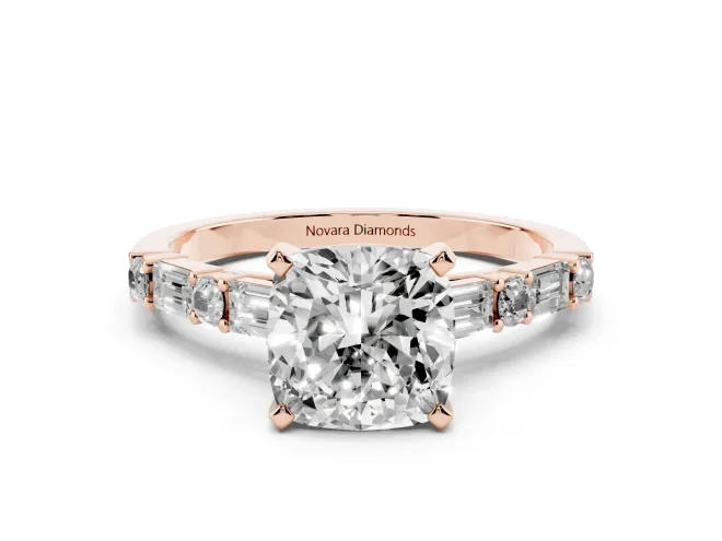 Cushion Cut Baguette Side Stone Engagement Ring Setting | Alternating Accents | Rose Gold