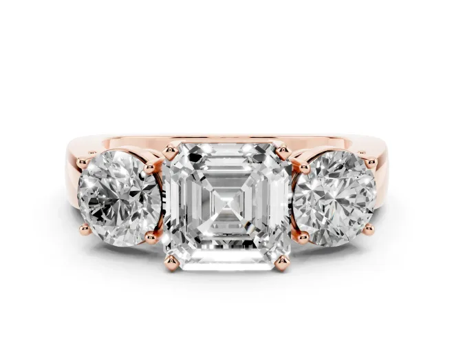 Asscher Cut Diamond Three-Stone Ring Set in Rose gold with Round Side Stones and Classic Band