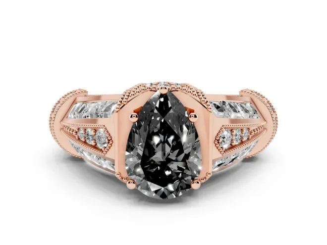 Pear-Shaped Vintage Milgrain Engagement Ring Setting for a Black Center | Hidden Halo | Rose Gold