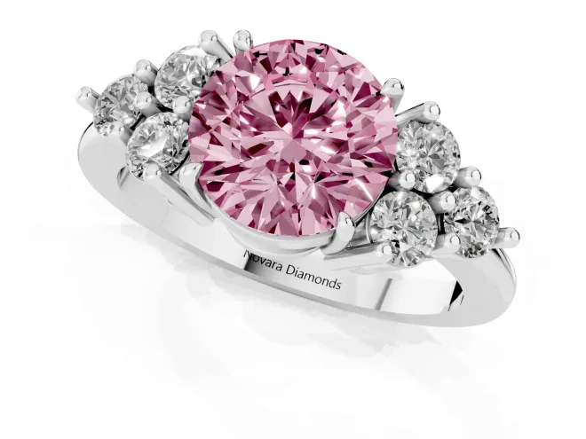 Fancy Pink Round Cut Diamond Solitaire Ring Set in Silver with Cluster Accents on Each Side – second view