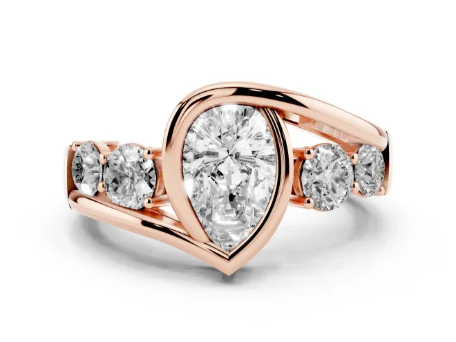 Pear-Shaped Bezel Bypass Engagement Ring Setting | Round Side Stones | Rose Gold