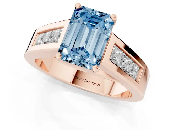 Fancy Blue Emerald Cut Diamond Solitaire Ring Set in Rose gold with Channel-Set Accent Stones and Prong Setting – second view