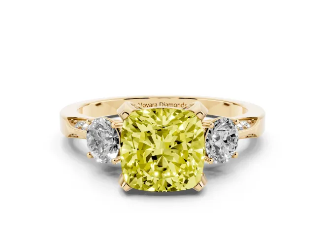 Fancy Yellow Cushion Cut Diamond Three-Stone Ring Set in Yellow gold with Pavé Band and Smaller Side Stones