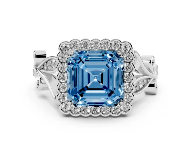 Asscher Cut Leaf Halo Engagement Ring Setting for a Fancy Blue Lab-Grown Diamond | Sterling Silver