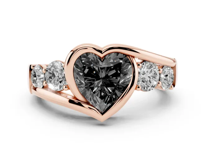 Heart-Shaped Bezel Bypass Engagement Ring Setting for a Black Center | Round Side Stones | Rose Gold