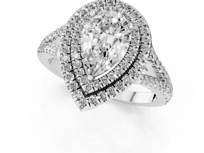 Pear Cut Diamond Double Halo Ring Set in Platinum with Pavé Band – second view