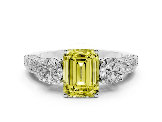 Emerald Cut Three Stone Engagement Ring Setting for a Fancy Yellow Lab-Grown Diamond | Graduated Pavé Band | Platinum
