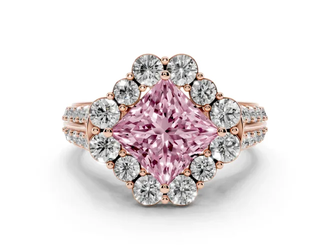 Princess Cut Large Accent Halo Engagement Ring Setting for a Fancy Pink Lab-Grown Diamond | Graduated Pavé | Rose Gold
