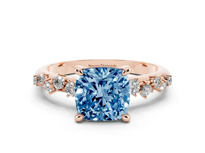 Fancy Blue Cushion Cut Diamond Solitaire Vine Band Ring Set in Rose gold with Round Accents and Prong Setting