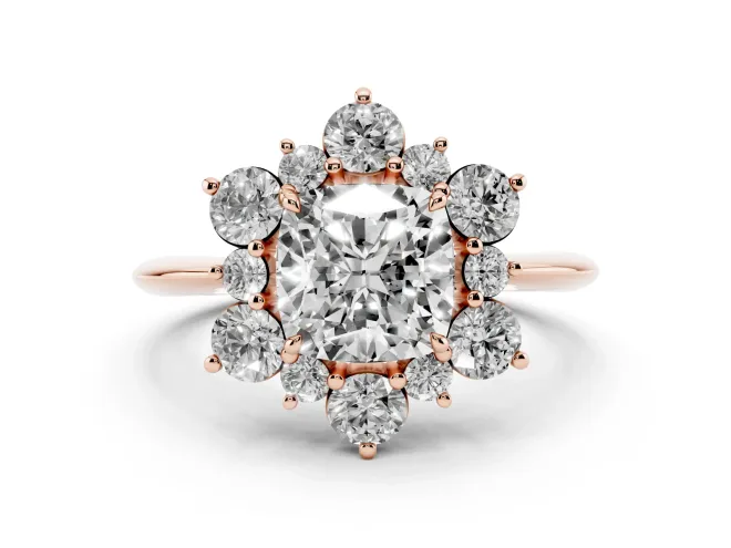 Cushion Cut Diamond Cluster Halo Ring Set in Rose gold with Solitaire Band and Prong Setting