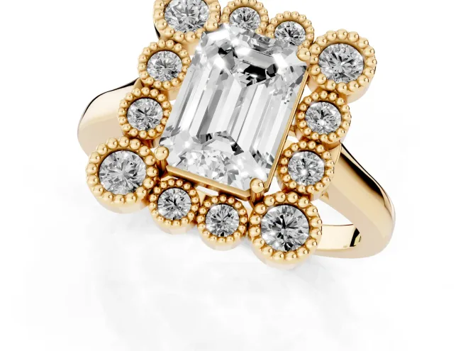Emerald Cut Diamond Cluster Halo Ring Set in Yellow gold with Milgrain Bezel Accents and Plain Band – second view