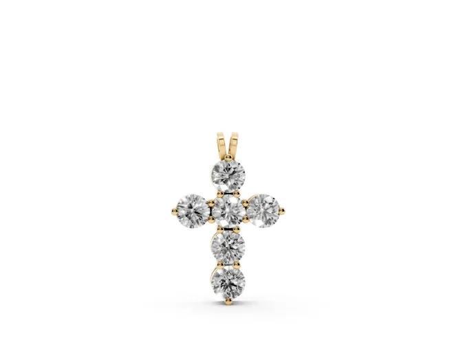 Round Lab-Grown Diamond Mini Cross Pendant Necklace | Individual Prongs | Yellow Gold