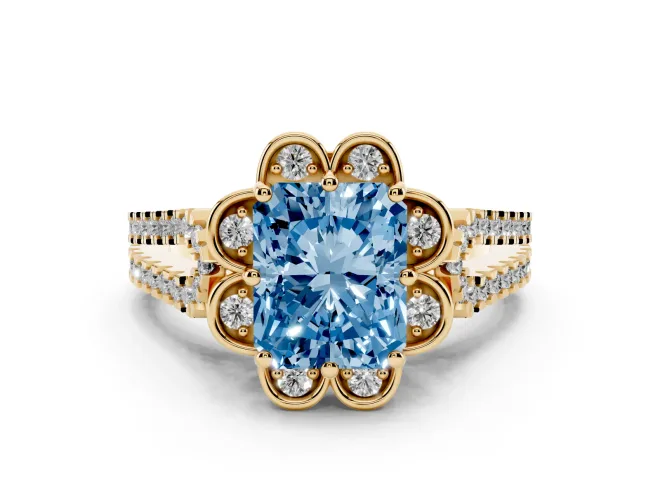 Radiant Cut Floral Halo Engagement Ring Setting for a Fancy Blue Lab-Grown Diamond | Pavé Split Shank | Yellow Gold