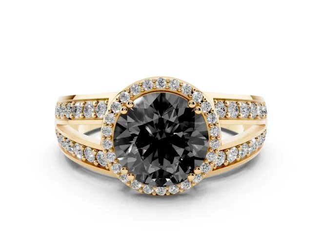 Fancy Black Round Cut Diamond Halo Ring Set in Yellow gold with Double Pavé Split Shank