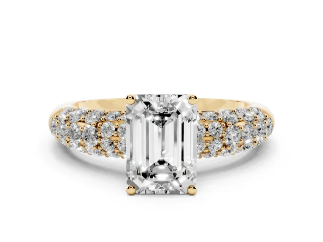 Emerald Cut Multi Row Pavé Solitaire Engagement Ring Setting | Domed Shoulders | Yellow Gold