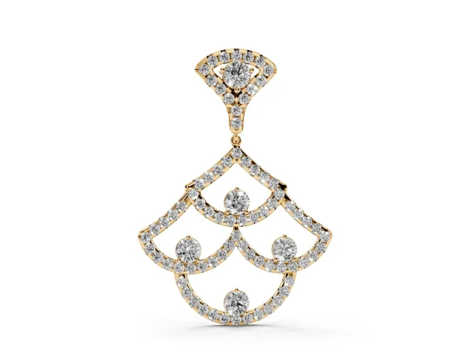 Round Lab-Grown Diamond Pavé Openwork Fan Pendant Necklace | Scalloped Arches | Yellow Gold