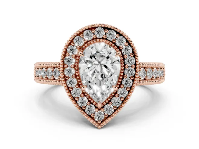 Pear-Shaped Vintage Milgrain Halo Engagement Ring Setting | Carved Leaf Detail | Rose Gold