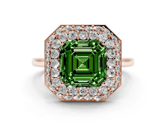 Asscher Cut Pavé Halo Engagement Ring Setting for a Fancy Green Lab-Grown Diamond | Slim Plain Band | Rose Gold