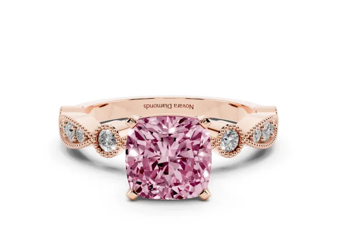 Fancy Pink Cushion Cut Diamond Solitaire Engagement Ring Set in Rose gold with Milgrain Bezel Accent Band