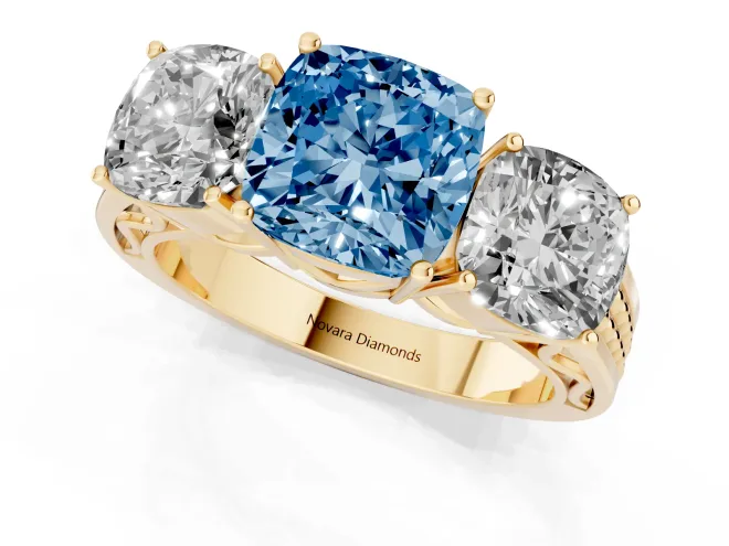 Fancy Blue Cushion Cut Diamond Three-Stone Ring Set in Yellow gold with Textured Band – second view