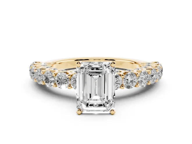 Emerald Cut Diamond Solitaire Ring Set in Yellow gold with Shared Prong Pavé Band