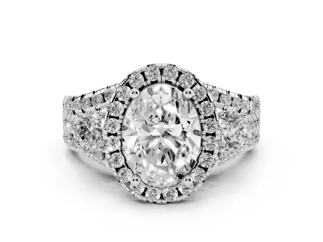 Oval Cut Diamond Halo Split Shank Ring Set in White gold with Round Accent Stones and Prong Setting