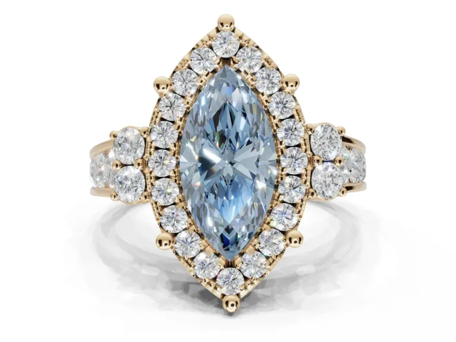 Marquise Halo Engagement Ring Setting for a Fancy Blue Lab-Grown Diamond | Graduated Channel Band | Yellow Gold