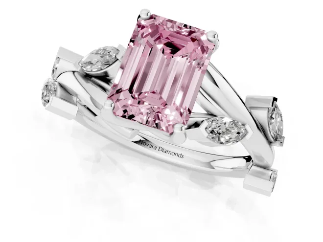 Fancy Pink Emerald Cut Diamond Solitaire Ring Set in White gold with Twisted Marquise Accent Band – second view