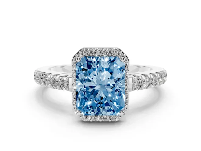 Radiant Cut Halo Pavé Engagement Ring Setting for a Fancy Blue Lab-Grown Diamond | Platinum