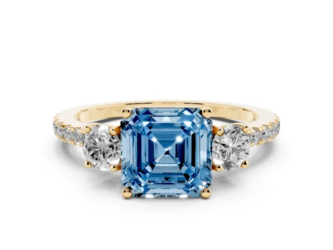 Asscher Cut Three Stone Engagement Ring Setting for a Fancy Blue Lab-Grown Diamond | Pavé Shoulders | Yellow Gold