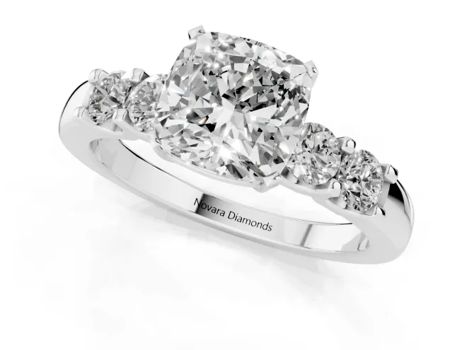 Cushion Cut Diamond Five-Stone Prong Set Engagement Ring Set in Platinum with Channel Band – second view