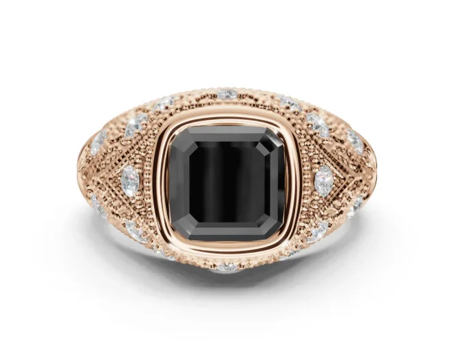 Asscher Cut Vintage Bezel Engagement Ring Setting for a Black Center | Milgrain Band | Rose Gold