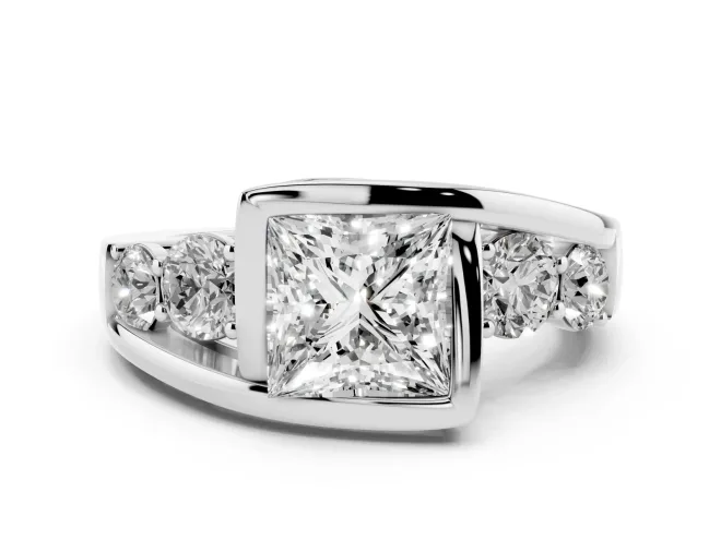 Princess Cut Bezel Bypass Engagement Ring Setting | Round Side Stones | White Gold
