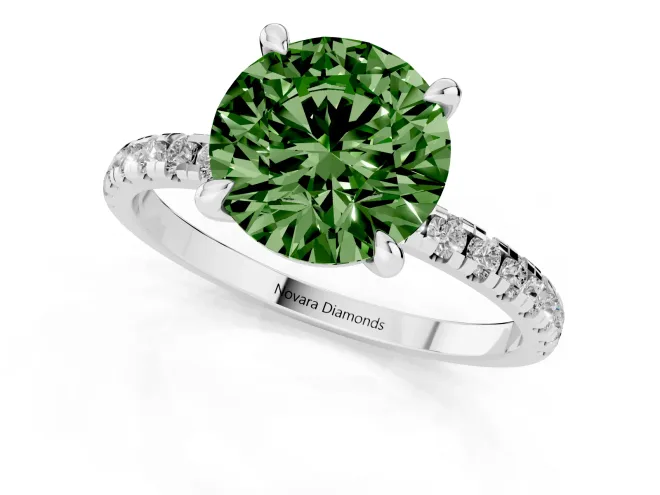 Fancy Green Round Cut Diamond Brilliant Solitaire Ring Set in Platinum with Pavé Band and Prong Setting – second view
