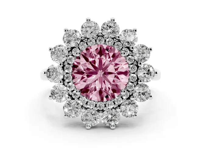 Fancy Pink Round Cut Diamond Floral Double Halo Ring Set in Silver with Round Petals